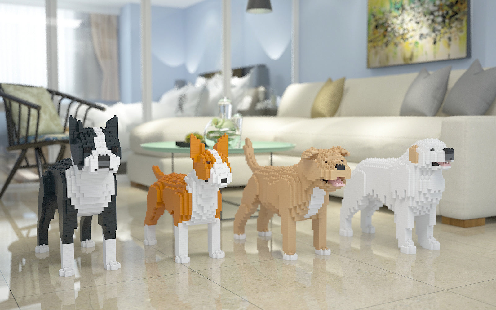 Brick-built dog figures in a living room