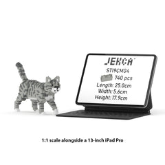 Real size of the Grey Tabby Cat Mini 01 next to a 13-inch tablet