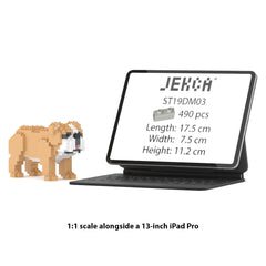 Real size of the English Bulldog Mini 01 next to a 13-inch tablet