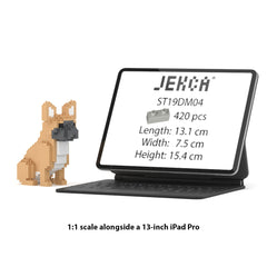 Real size of the French Bulldog Mini 01 next to a 13-inch tablet
