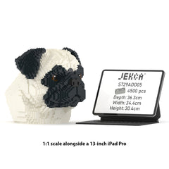 Real size of the Pug Bust 01 next to a 13-inch tablet